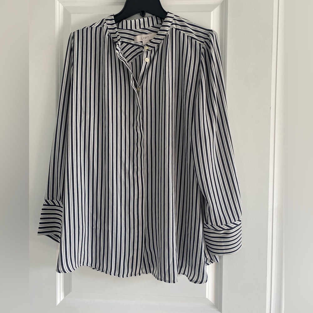 Loft long sleeve striped maternity button-down blouse.